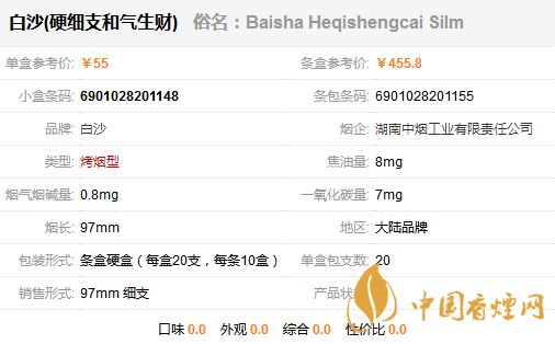 白沙硬細(xì)支和氣生財(cái)香煙價格及參數(shù)一覽